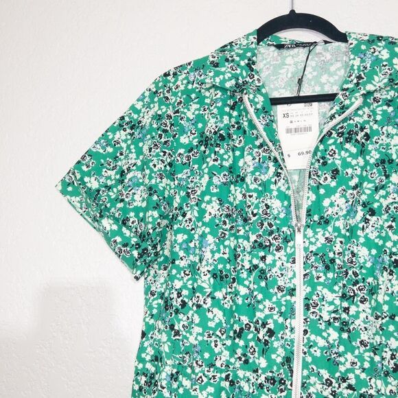 NWT‎ Zara Green Floral Zip Front Jumpsuit Size XS - Picture 3 of 8